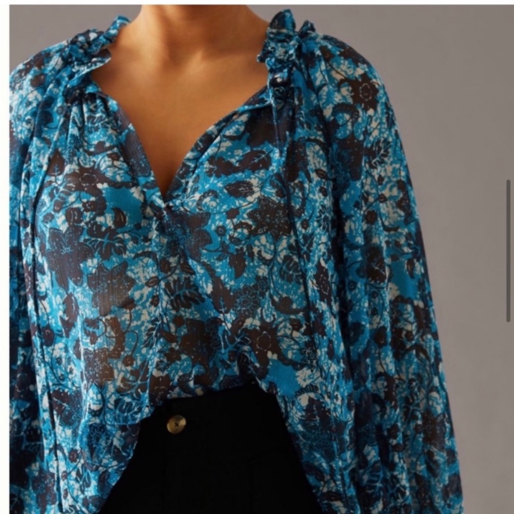 ANTHROPOLOGIE Sheer Printed Peasant Blouse Blue Black Floral
